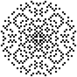 "A set of dots lying within a circle. The pattern of dots has fourfold symmetry، i.e.، rotations by 90 degrees leave the pattern unchanged. The pattern can also be mirrored about four lines passing through the center of the circle: the vertical and horizontal axes، and the two diagonal lines at ±45 degrees."