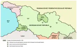 Map of Georgia in 1922, showing the autonomous regions of Abkhazia, Adjara, and South Ossetia