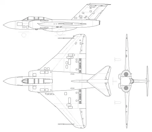 An orthographically projected diagram of the Gloster Javelin