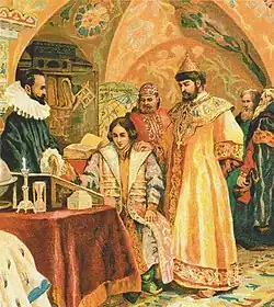يشرف بوريس غودونوف على دراسة ابنه، رسمها إن نكراسوف (N. Nekrasov) (القرن التاسع عشر)