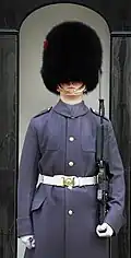 A sentry of the Coldstream Guards at the Tower of London in a greatcoat in December 2011