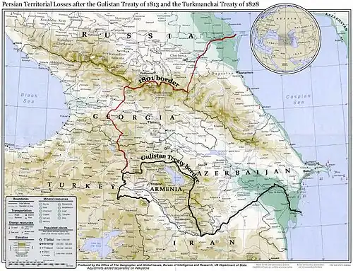 خريطة الحدود الشمالية الغربية لإيران في القرن 19، وتضم شرق جورجيا وداغستان وأرمينيا وأذربيجان قبل التنازل عنها للإمبراطورية الروسية المجاورة بعد الحرب الإيرانية الروسية.
