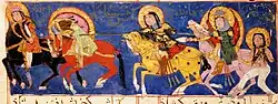 Gulshah kills Rabi ibn Adnan with her lance. Behind her is her defeated lover Varqa, wounded and bound