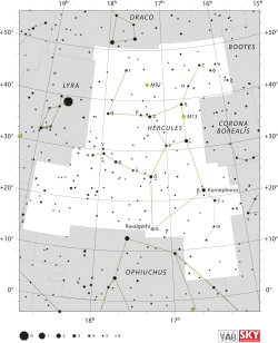 Diagram showing star positions and boundaries of the Hercules constellation and its surroundings
