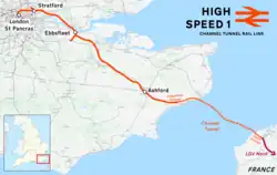 Diagram of High Speed 1's route, showing a connection with the Channel Tunnel