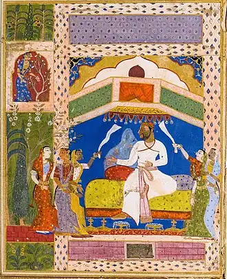 Scene from the Pune Tarif-i Husain Shahi, 1565–69, with the queen later erased. Bharat Itihas Sanshodhak Mandal