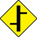 Ireland staggered crossroads with roads of equal importance sign.