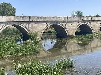 أحد أقواس جسر السلطان بايزيد الثاني على نهر التونجا في إدرنة، تركيا.