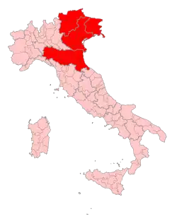"A picture showing Northeast Italy highlighted in red in a political map of Italy."