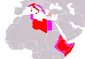 أقصى التوسع الإيطالي حوالي عام 1942، لاحظ التوسع في سافوي ودالماسيا