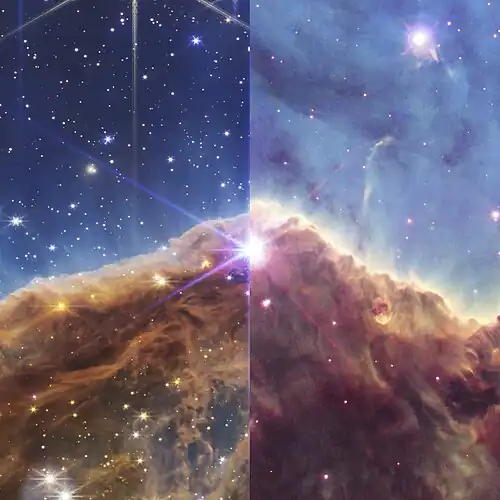 مقارنة بين تفاصيل صورة الأشعة تحت الحمراء القريبة لـ JWST 2022 (يسار) وصورة هابل للضوء المرئي المنشورة في عام 2008 (يمين).