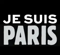 شعار مشتق من هاشتاغ JeSuisParis# تصميم الجرافيك من ابتكار يواكيم رونكين، وطريقة الكتابة مشابهة لشعار أنا شارلي.