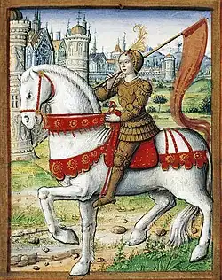 جان دارك مصورة على صهوة حصان في رسم توضيحي من مخطوطة عام 1505. جان دارك بطلة قومية في فرنسا.