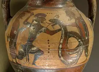 Euboean amphora, c.550 BCE, depicting the fight between Cadmus and a dragon