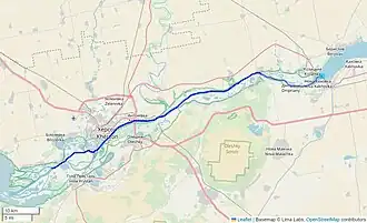 Map showing the path of water flowing in the Dnieper River downstream of the Nova Kakhovka dam in Ukraine.