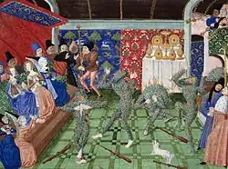 الـ بال دو اردينتس، (حفلةالرجال المحترقين) 1393. نموذج مُصغر من عمل جين فروسارت من 1450-80