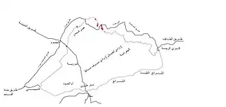 خريطة ديار لحيان باللون الأحمر. من وادي ذي طوى جنوبا حتى عين شمس شمالا ومن الشميسي غربا حتى الزيمة شرقا