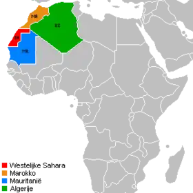 المغرب (البُرتُقالي)، الصحراء الغربية (الأحمر)، موريتانيا (الأزرق)، الجزائر (الأخضر)