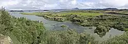 Mývatn lake, surrounded by lush vegetation