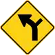 U.S. and New Zealand side road junction on a curve sign.