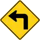 U.S. and Canada sharp turn ahead sign.