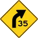 U.S. curve to the right sign, with advisory speed limit.