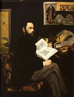 إدوارد مانيه ، صورة لإميل زولا، 1868، متحف أورسيه. كان إميل زولا (1840-1902) كاتبًا فرنسيًا مؤثرًا وناقدًا فنيًا. كان شخصية رئيسية في تبرئة ضابط الجيش المُدان ألفريد دريفوس.