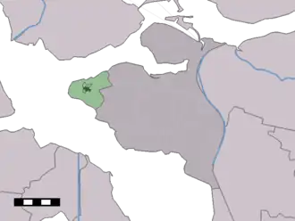 The town centre (dark green) and the statistical district (light green) of Stavenisse in the municipality of Tholen.