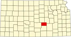 Map of Kansas highlighting Harvey County