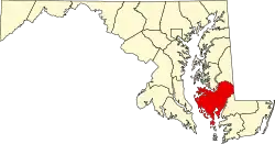 Map of Maryland highlighting Dorchester County