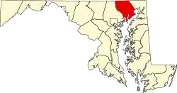 Map of Maryland highlighting Harford County