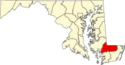 Map of Maryland highlighting Wicomico County