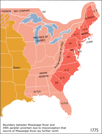 المساحة الحمراء من هذه خريطة أمريكا الشمالية من عام 1775 تظهر الأراضي التي وقعت تحت السيطرة البريطانية المباشرة، بينما تظهر المساحات الزهرية والبيضاء بشكل عام المساحات التي كانت تخضع لسيطرة غير مباشرة.