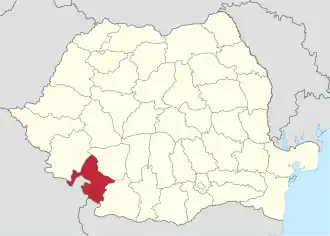 Administrative map of رومانيا with Mehedinți county highlighted