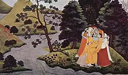 كريشنا يحتضن غوبس، مخطوطة غوت غوفيندا، 1760-1765.