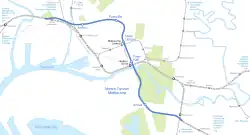 Map of the Metro Tunnel project in Melbourne, new 9km twin rail tunnels running through the CBD with five underground stations. New tunnel is depicted in blue with existing metropolitan rail lines in grey. The new line will connect the Sunbury line in the west with the Pakenham and Cranbourne lines in the east, with a future branch (not depicted) to the airport.