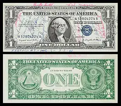 A 1957-A $1 شهادات الفضة short snorter flown in 1961 on ميركوري-ريدستون 3 by Alan Shepard.