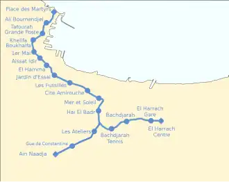 A map of Algiers metro lines currently in operation including stations under construction