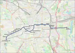 Map of Milan with the M4 route as a solid blue line, with markers and names for all the stations along the route