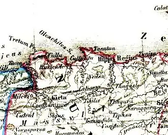 كلاما على خريطة نوميديا، جنوب هوبو ريجيوس، "أطلس أنتيكوس"، هاينريش كيبيرت، 1869