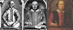 Effigy of Shakespeare with right hand holding a quill pen and left hand resting on paper on a tasselled cushion, compared with a drawing of the effigy which shows both hands empty and resting on a stuffed sack or pillow.