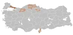 نسبة السكان الناطقين بالأرمنية كلغتهم الأم حسب المحافظات في تركيا عام 1965.