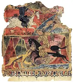 Horseriders in Mongol attire. Mu'nis al-ahrar, right frontispiece (fragment), 1341.