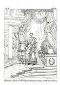 Portrait de Napoléon en costume du sacre, gravure au trait tirée du Pausanias français. d'après le tableau de Robert Lefèvre exposé au Salon de 1806 en même temps que celui d'Ingres.