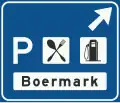 K3: Information sign for exit to motorway service area, showing the name of the rest area and symbols for the services offered