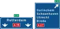 K4: High level motorway information sign showing lane instructions for through traffic and exit panel showing intermediary destinations, with the motorway number and European route numbers