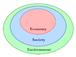Three circles enclosed within one another showing how both economy and society are subsets that exist wholly within our planetary ecological system.