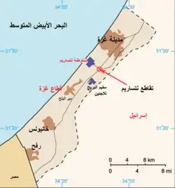 A map showing part of Israel, and to the west, the Gaza Strip and the Mediterranean Sea. To the south, part of Egypt is shown.