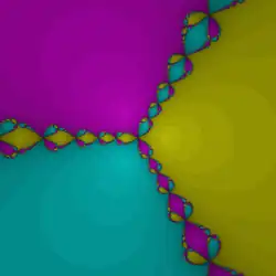 كسيرية نيوتن for three degree-3 roots (
  
    
      
        p
        (
        z
        )
        =
        
          z
          
            3
          
        
        −
        1
      
    
    {\displaystyle p(z)=z^{3}-1}
  
), coloured by root reached