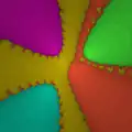 كسيرية نيوتن for 
  
    
      
        p
        (
        z
        )
        =
        
          z
          
            5
          
        
        −
        3
        i
        
          z
          
            3
          
        
        −
        (
        5
        +
        2
        i
        )
        
          z
          
            2
          
        
        +
        3
        z
        +
        1
      
    
    {\displaystyle p(z)=z^{5}-3iz^{3}-(5+2i)z^{2}+3z+1}
  
, coloured by root reached, shaded by number of iterations required.